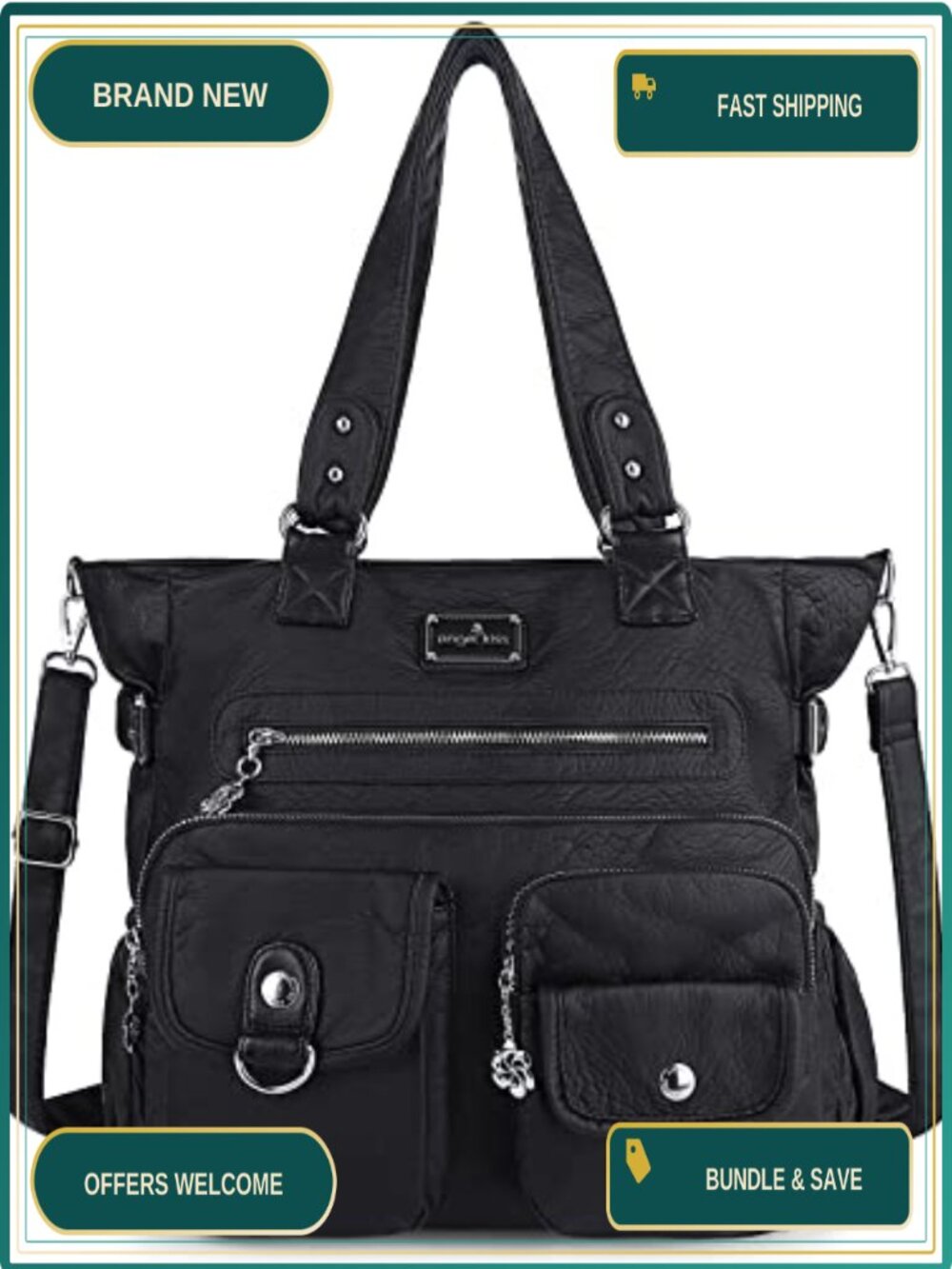 PU Leather Satchel Handbag Tote Shoulder Bag with Pockets Adjustable Strap